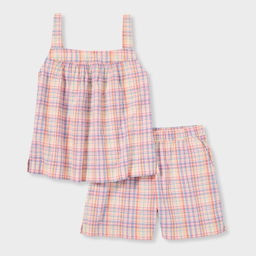 Duluth Trading Seersucker Pajama Set Peach Parfait Plaid XL New With Tags